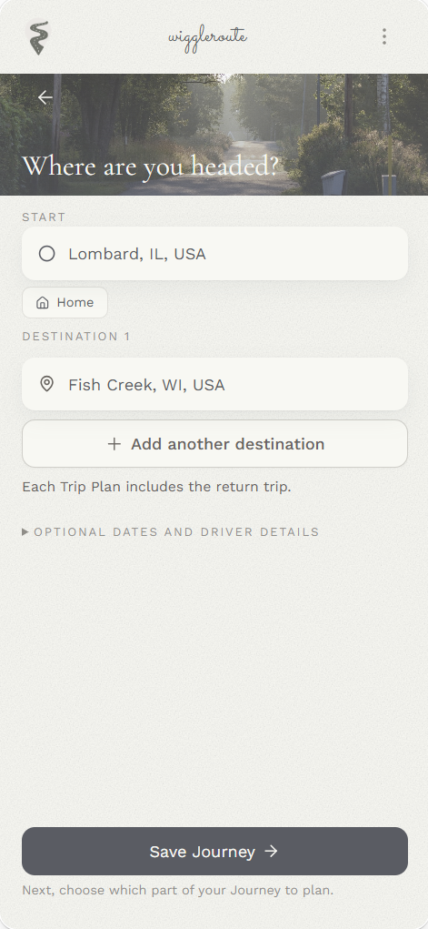 WiggleRoute route planning screen with Lombard, Illinois as the start and Fish Creek, Wisconsin as the destination, with the return trip included.