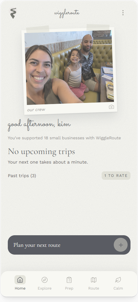 Kim’s WiggleRoute home screen with her family photograph, trip-planning area, and local-business counter.