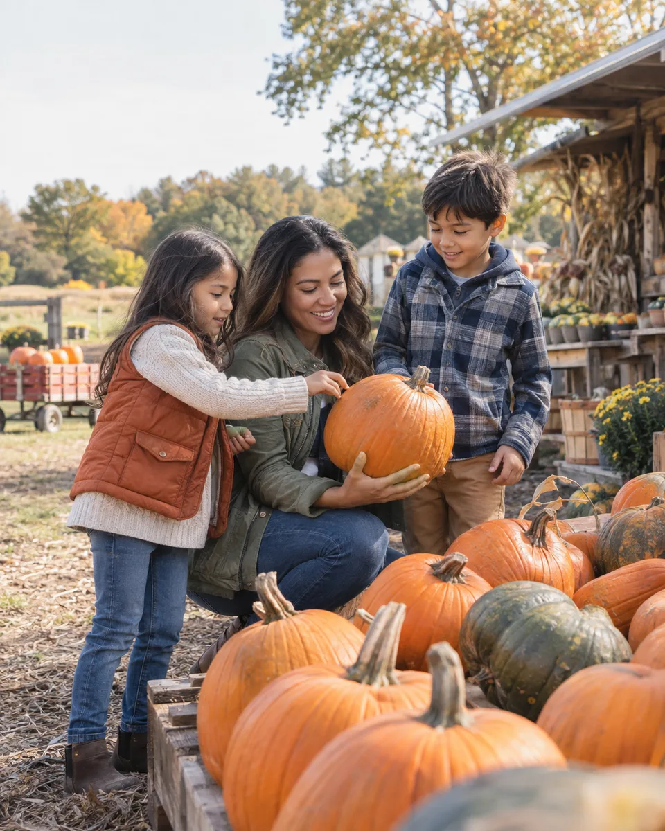 A family chooses pumpkins at a fall farm; illustrative marketing photograph.