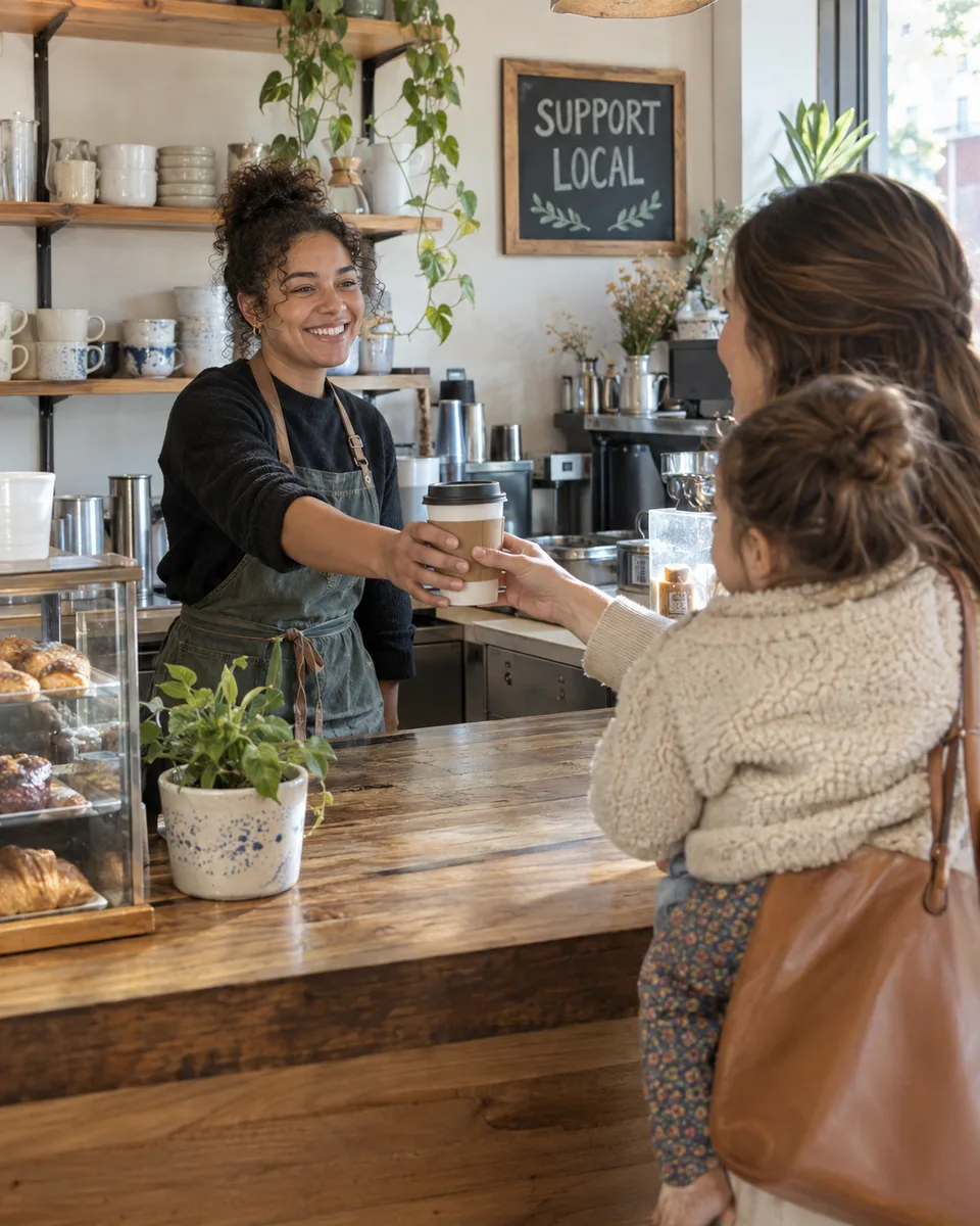A parent receives coffee from a barista beside a support-local sign; illustrative marketing photograph.