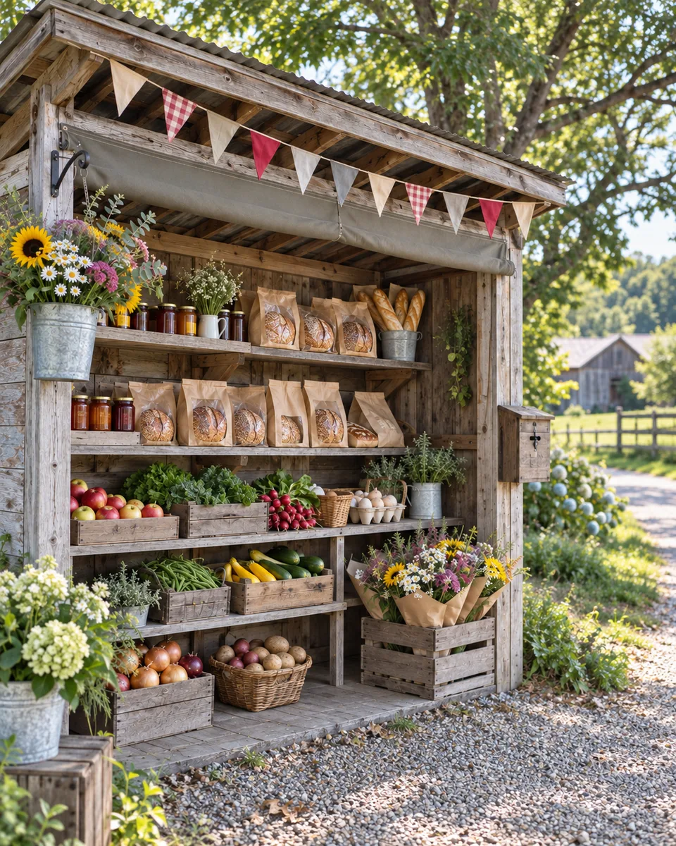 A roadside self-serve stand stocked with bread, produce, and flowers; illustrative marketing photograph.