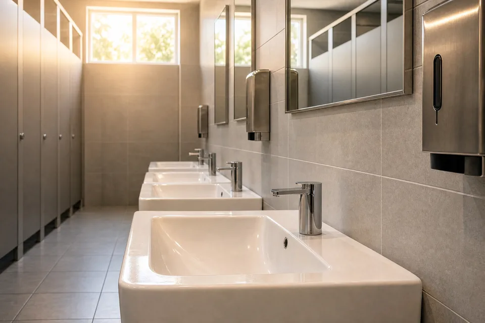 A row of sinks in a public restroom; illustrative travel image