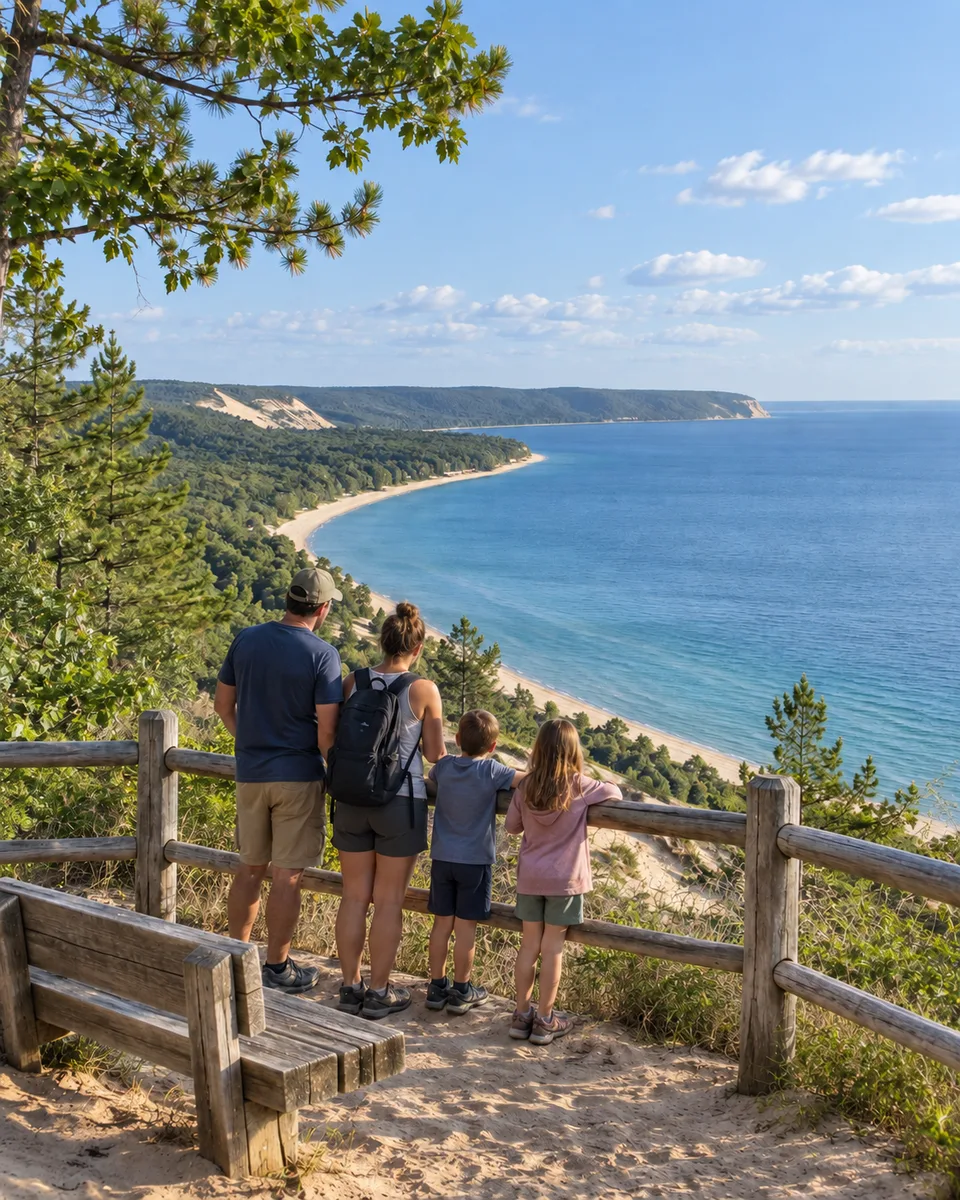 A family pauses at a wooded overlook above a Great Lakes shoreline; illustrative marketing photograph.