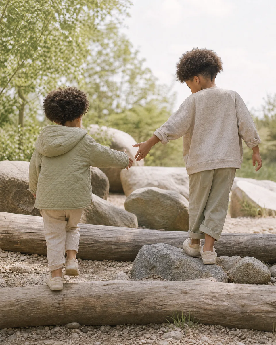 Children balance on logs and boulders in a wooded nature play area; illustrative marketing photograph.